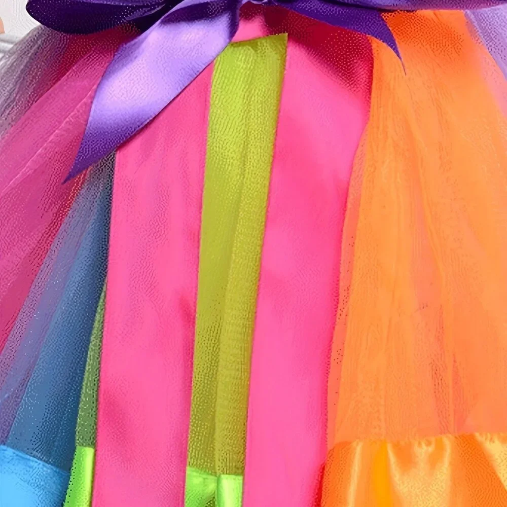 Girls' Rainbow Tulle Skirt, Party Style, Colorful Mesh Dance Tutu With Satin Bow